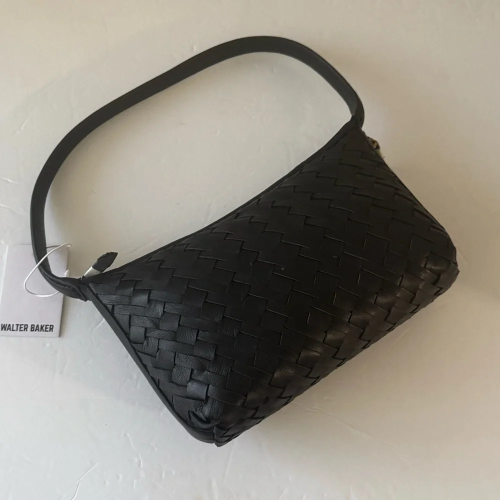 WALTER BAKER Leather Hazel Hand Woven Shoulder Bag Black